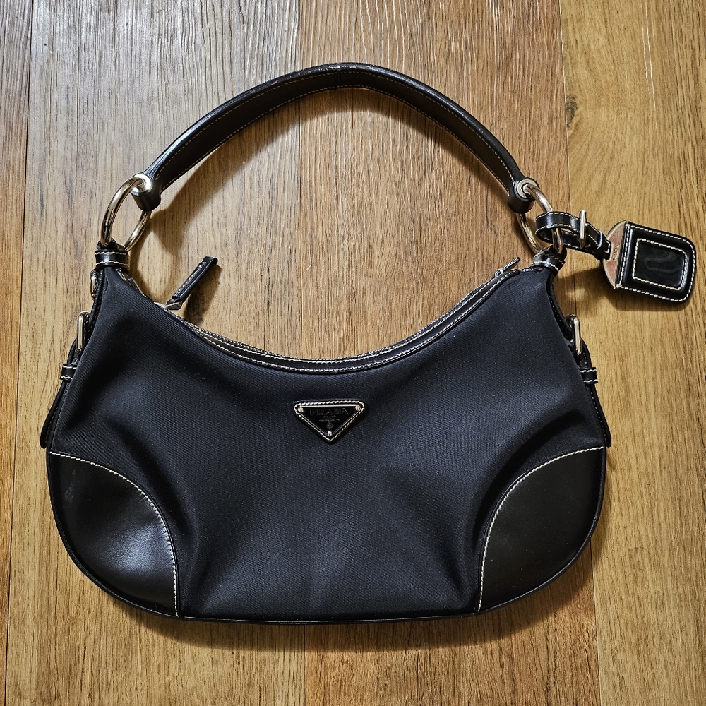 Prada Milano Tessuto Nylon Leather Hobo Shoulder Bag Black